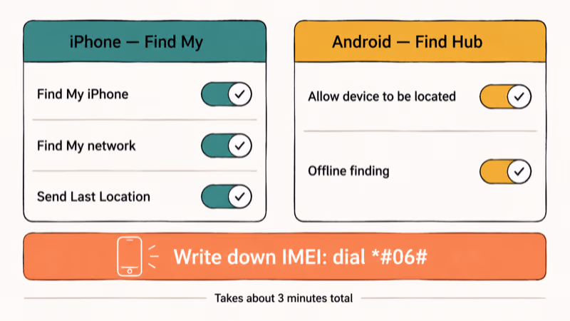 Settings panel with Find My, Find Hub, and IMEI reminder enabled.