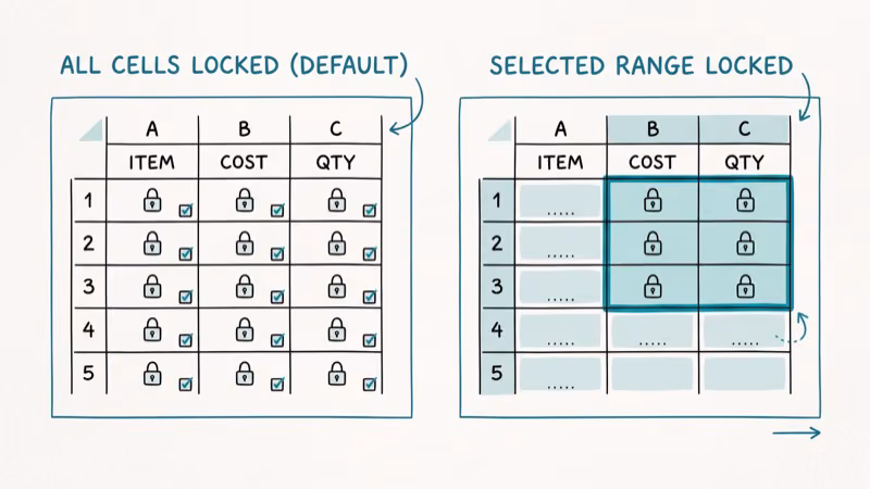 Spreadsheet showing comparison between full sheet protection and range-only protection with editable areas