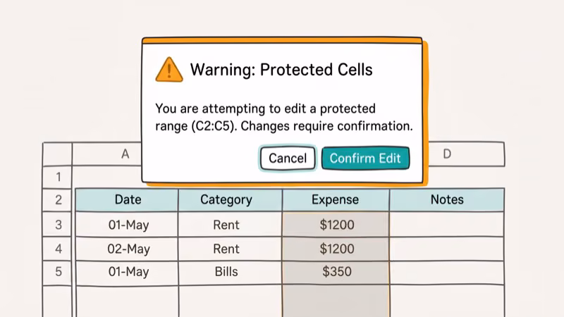 Spreadsheet showing a warning confirmation dialog appearing before allowing edits to a protected cell range
