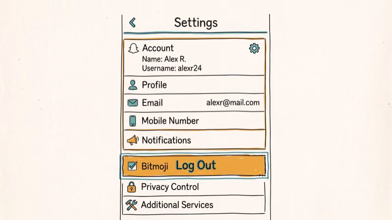 Snapchat account settings screen on mobile with the Log Out button highlighted in Account Actions section