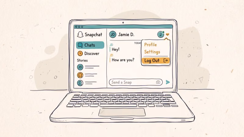 Laptop showing Snapchat web browser interface with logout option visible in the account menu dropdown