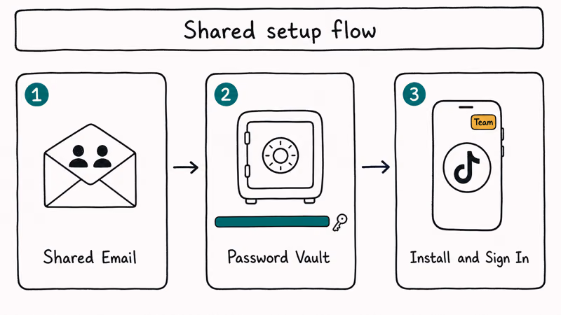 Three step shared TikTok account setup showing shared email password manager vault and TikTok install with team label.