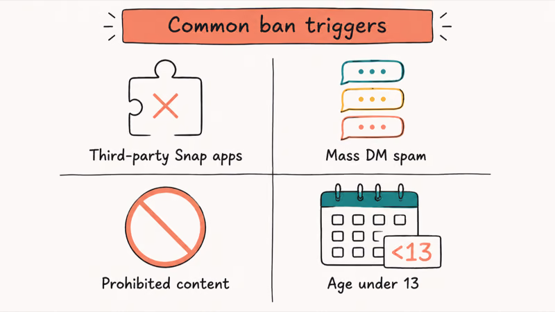 Four quadrant matrix of common Snapchat ban triggers including third party apps spam content and age violations