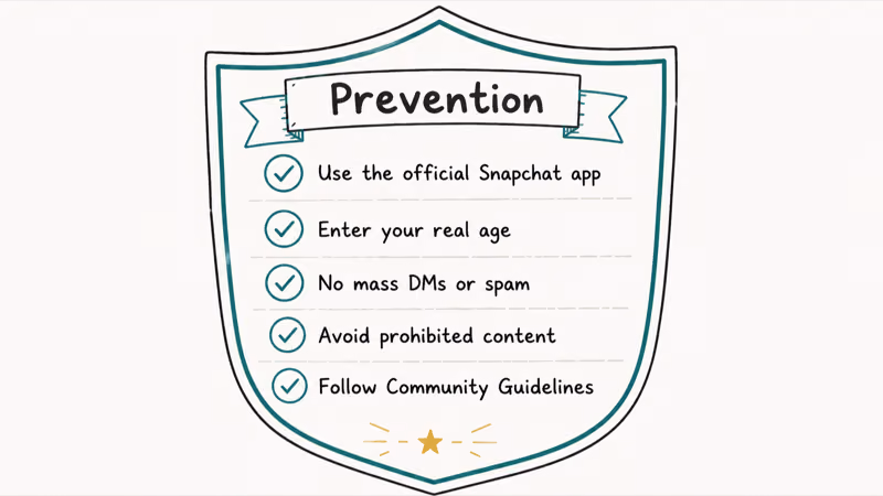 Prevention shield card with five Snapchat rules including official app real age no spam no banned content and
