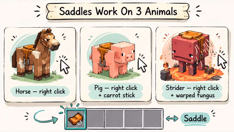 Three-card illustration showing horse pig and strider animals that accept a Minecraft saddle.