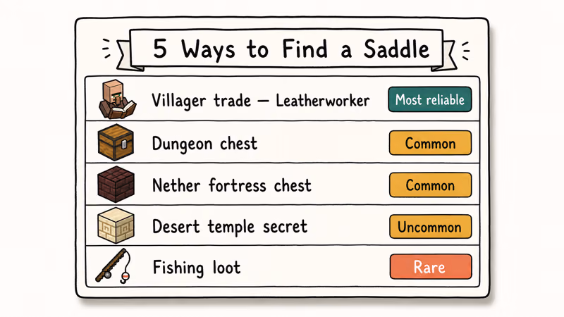 Hand-drawn list of five Minecraft saddle sources from villager trades down to fishing ranked by drop reliability.
