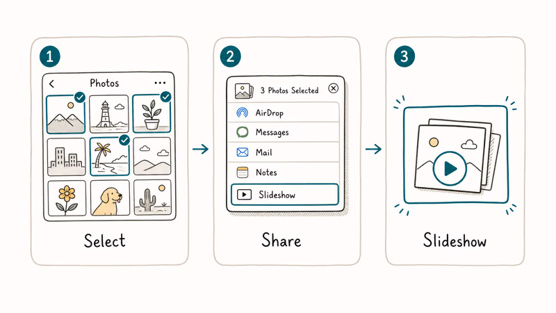 Hand-drawn three step flow selecting photos in Photos app then opening share sheet then tapping Slideshow option on