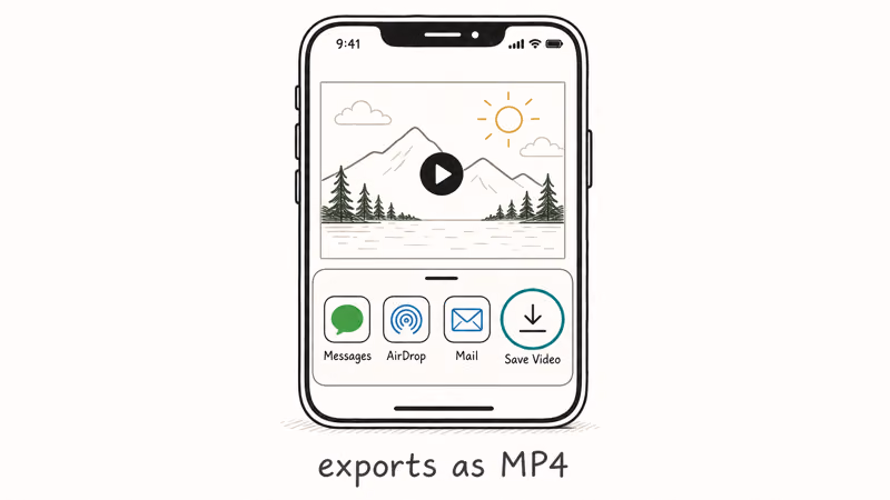 Hand-drawn iPhone share sheet with Messages AirDrop Mail and Save Video destinations and Save Video highlighted exporting as