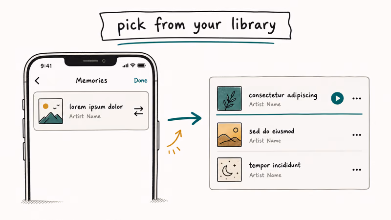 Hand-drawn iPhone Memories edit screen with current song row and swap arrow to a music library where a