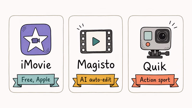 Hand-drawn three card row of third party iPhone slideshow apps iMovie Magisto and Quik with free AI auto-edit
