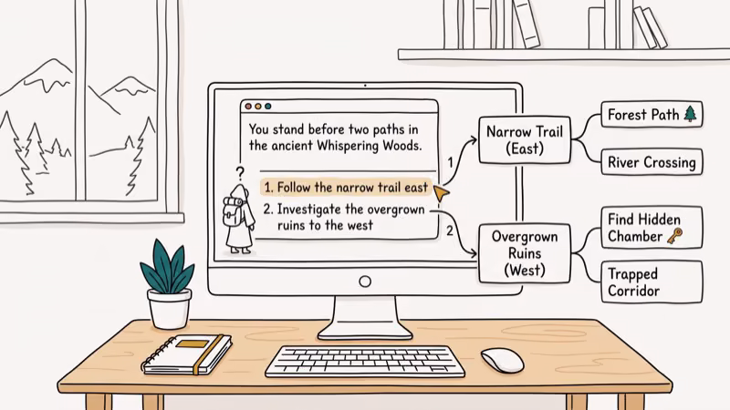 Seven text-based game tools displayed in a hand-drawn comparison overview on screen