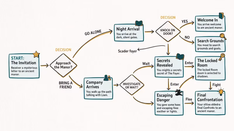 Branching story flowchart showing scene nodes and decision paths for a text game