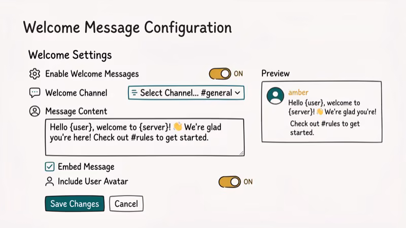 Discord bot welcome message configuration panel with greeting template and toggle settings