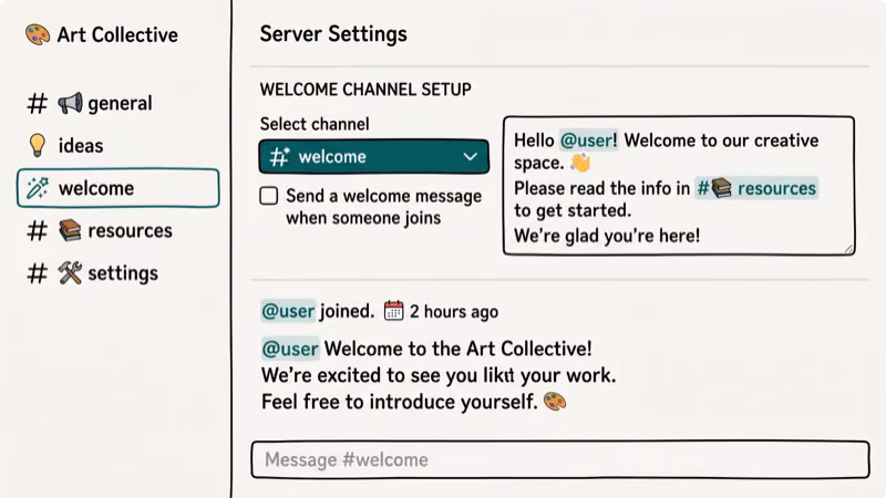 Discord welcome channel setup panel showing channel creation and permission settings
