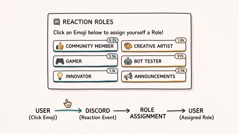 Discord reaction roles panel with emoji buttons and role assignment diagram on welcome channel