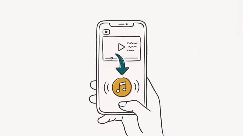 Hand-drawn illustration of converting a YouTube video to MP3 audio file on a smartphone