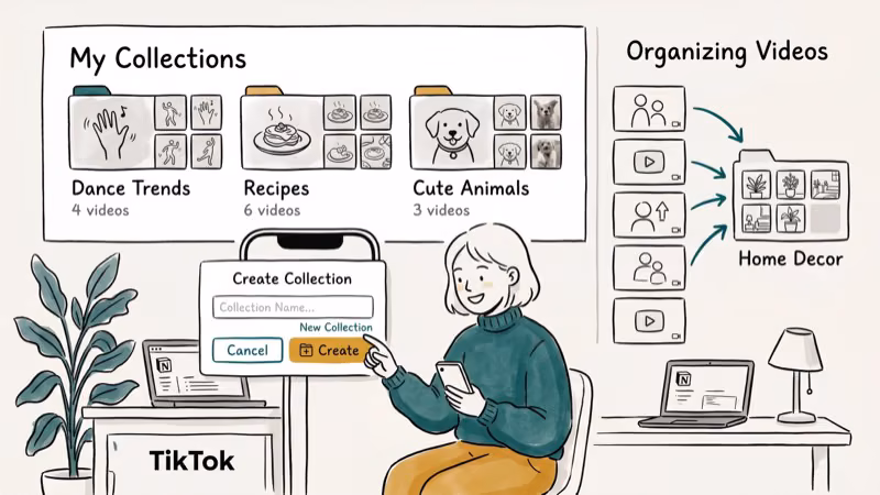 TikTok Collections screen showing new folder creation with labeled video category groups