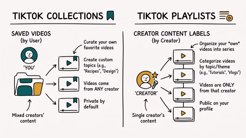Side-by-side comparison of TikTok Collections for saved videos versus Playlists for creator content