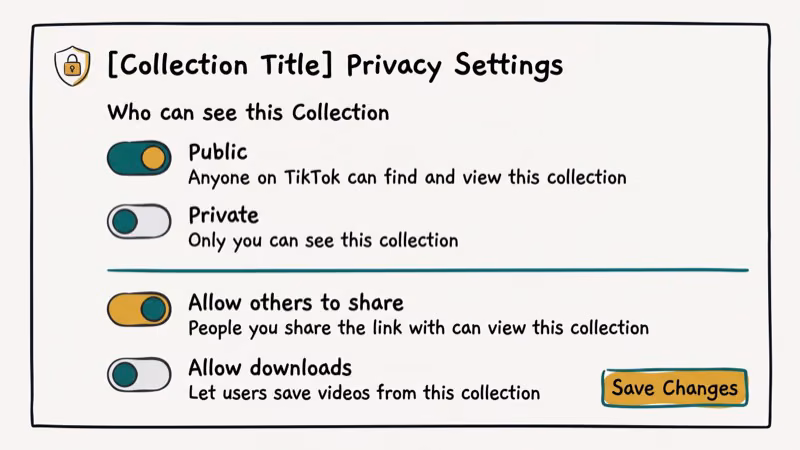 TikTok collection privacy settings panel showing lock icon and public visibility toggle