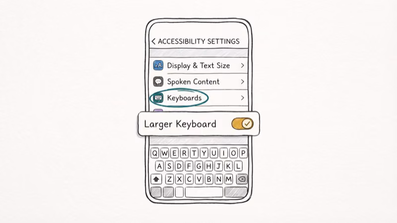 iPhone Display Zoom settings panel showing Zoomed mode option for larger keyboard size