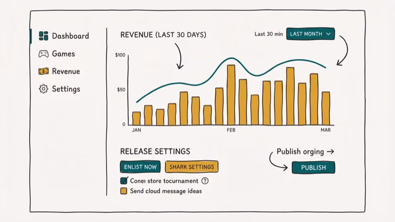 Steam Direct game publishing dashboard showing revenue graph and release submission settings