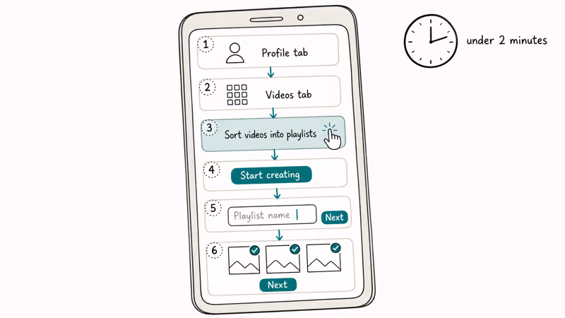 Hand-drawn phone showing six-step profile method to create a TikTok playlist