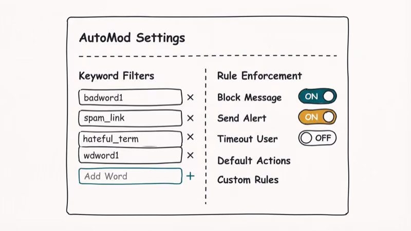 Discord AutoMod configuration panel with keyword filters and automatic rule enforcement toggles