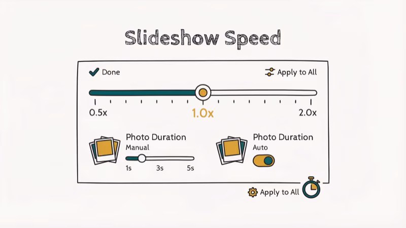 TikTok slideshow speed control panel showing timing slider and photo duration settings