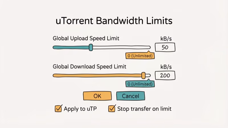 uTorrent bandwidth configuration panel with upload and download speed limit sliders