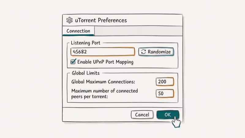uTorrent connection preferences panel showing port number, global connections and UPnP settings