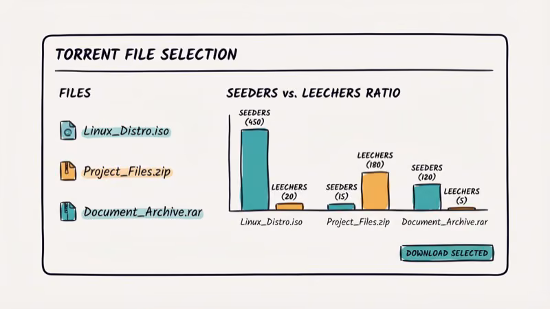 Torrent file selection chart comparing seeders versus leechers ratio for download speed