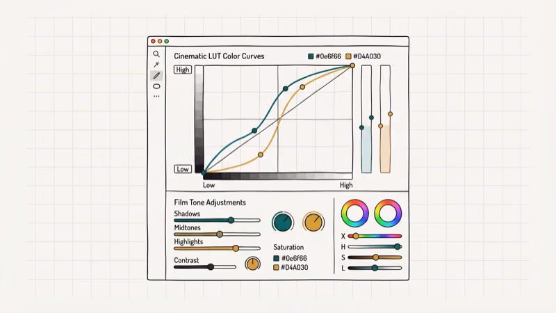 Video color grading panel with cinematic LUT color curves and film tone adjustment controls