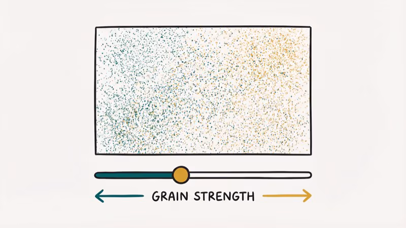Film grain texture overlay applied to a video frame with grain strength adjustment slider