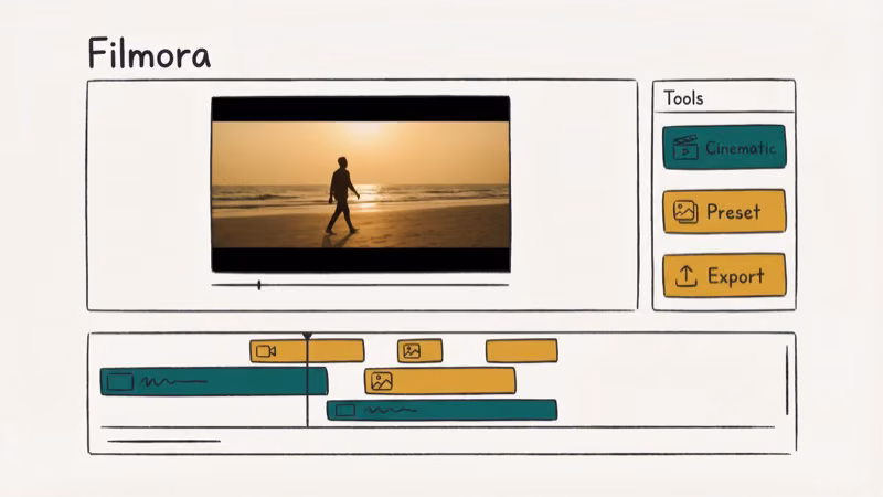 Filmora video editor with cinematic preset applied showing letterbox bars and warm color tone