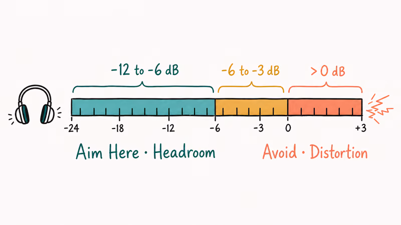 Hand-drawn audio meter showing safe headroom in teal, warning in amber, and clipping zone in coral.