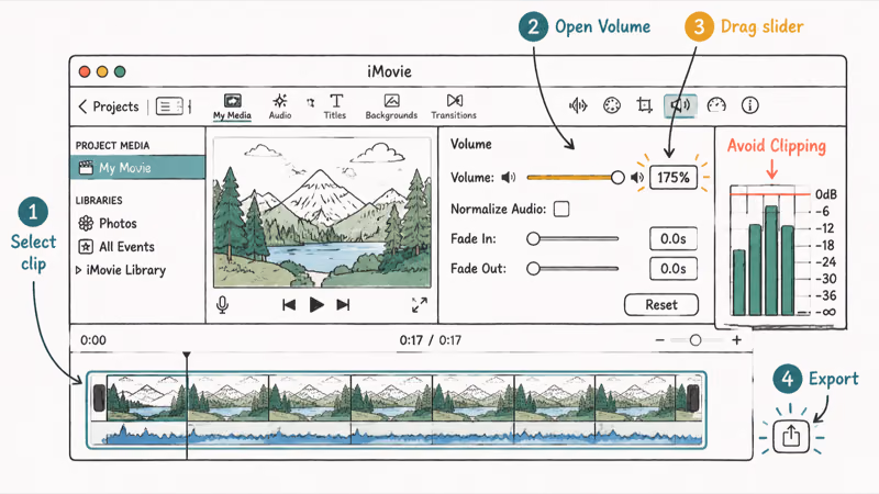 iMovie hand-drawn window showing clip selected with volume slider raised to 175% and meter staying below clip line.