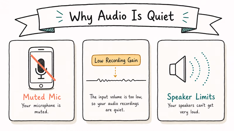 Three hand-drawn cards explaining microphone mute, low recording gain, and speaker limit causes of quiet video.