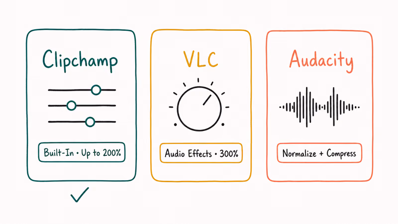 Three side-by-side hand-drawn lanes comparing Clipchamp, VLC, and Audacity for boosting video volume on Windows.
