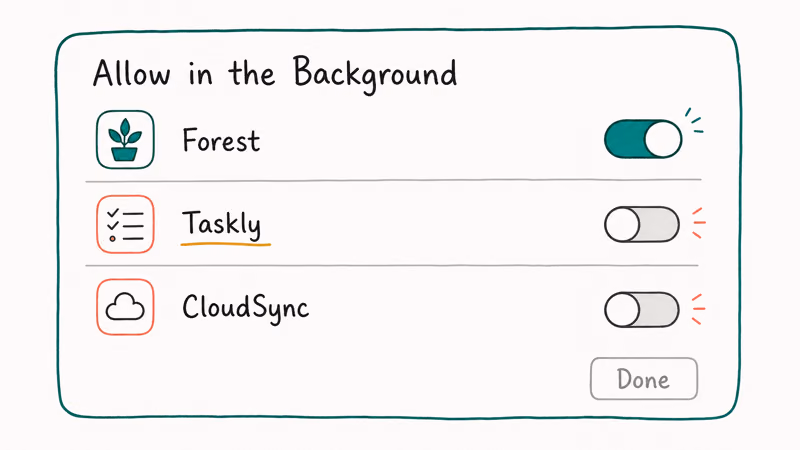 Allow in the Background list with helper apps grouped by name and toggle switches