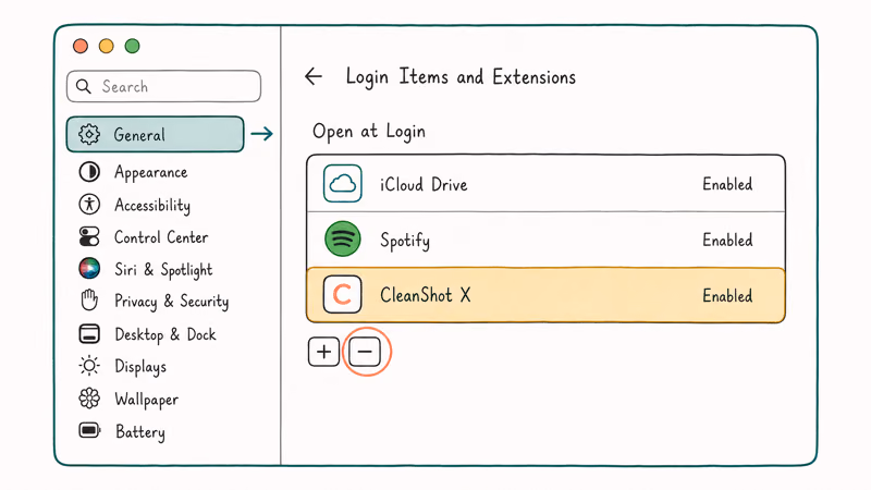System Settings showing the Open at Login list and minus button used to remove apps