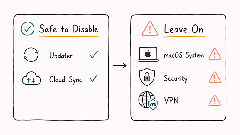 Two-column guide sorting safe-to-disable updaters from system, security, and VPN items to keep on