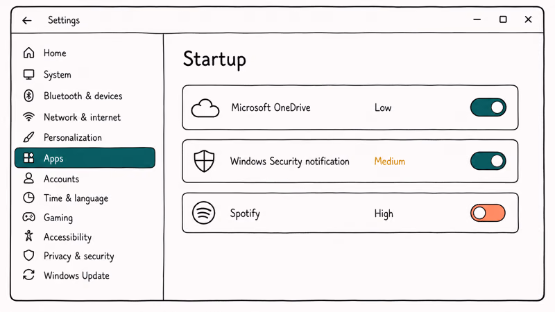 Windows 11 Settings Startup panel listing apps with on off toggles and startup impact labels