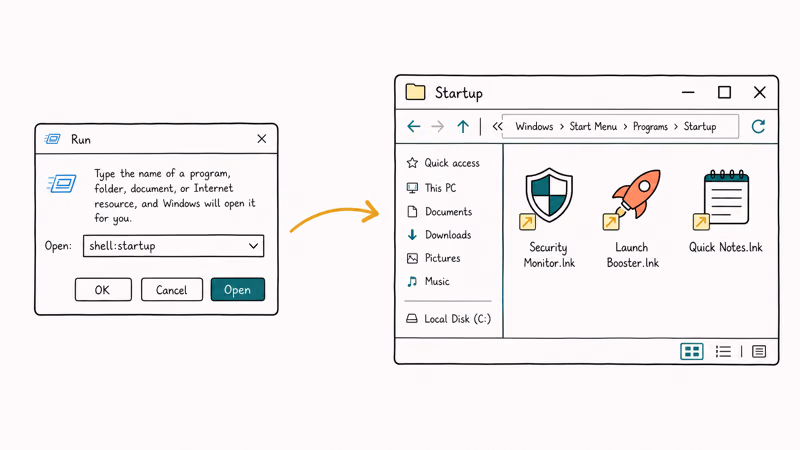 Run dialog typing shell startup beside an open Startup folder holding application shortcuts that launch at login