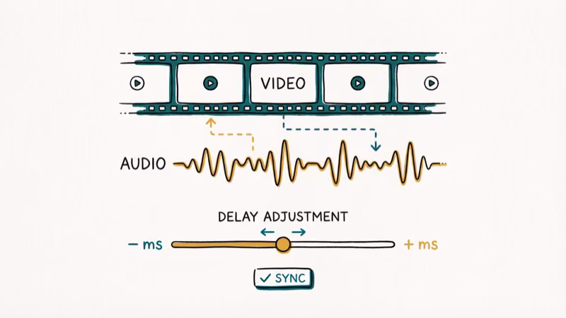 Audio and video sync correction panel with waveform timeline and delay adjustment slider