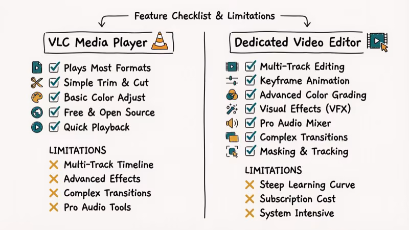 Comparison of VLC versus dedicated video editor features with checkmarks and limitations checklist