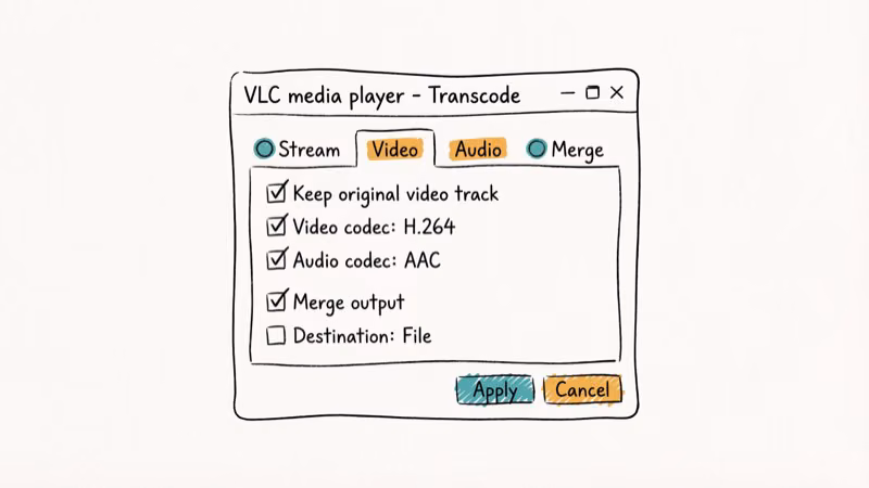 VLC Convert and Save panel showing transcode settings for merging audio and video streams