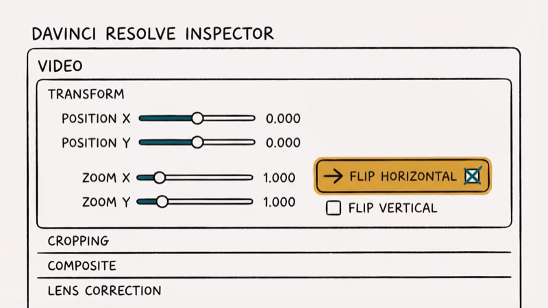 DaVinci Resolve Inspector panel showing flip horizontal transform control for video mirroring