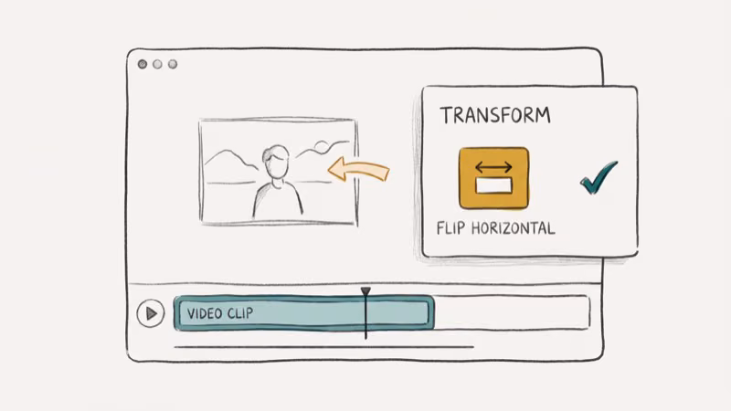 Filmora video editor Transform panel showing Flip Horizontal button applied to a video clip