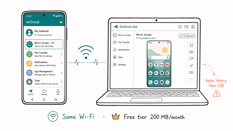 Hand-drawn Android AirDroid app sending screen mirror over Wi-Fi to laptop web window with free-tier and latency notes.