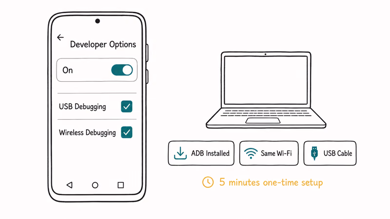 Hand-drawn Android developer options on with USB and wireless debugging toggles and laptop with three setup badges.